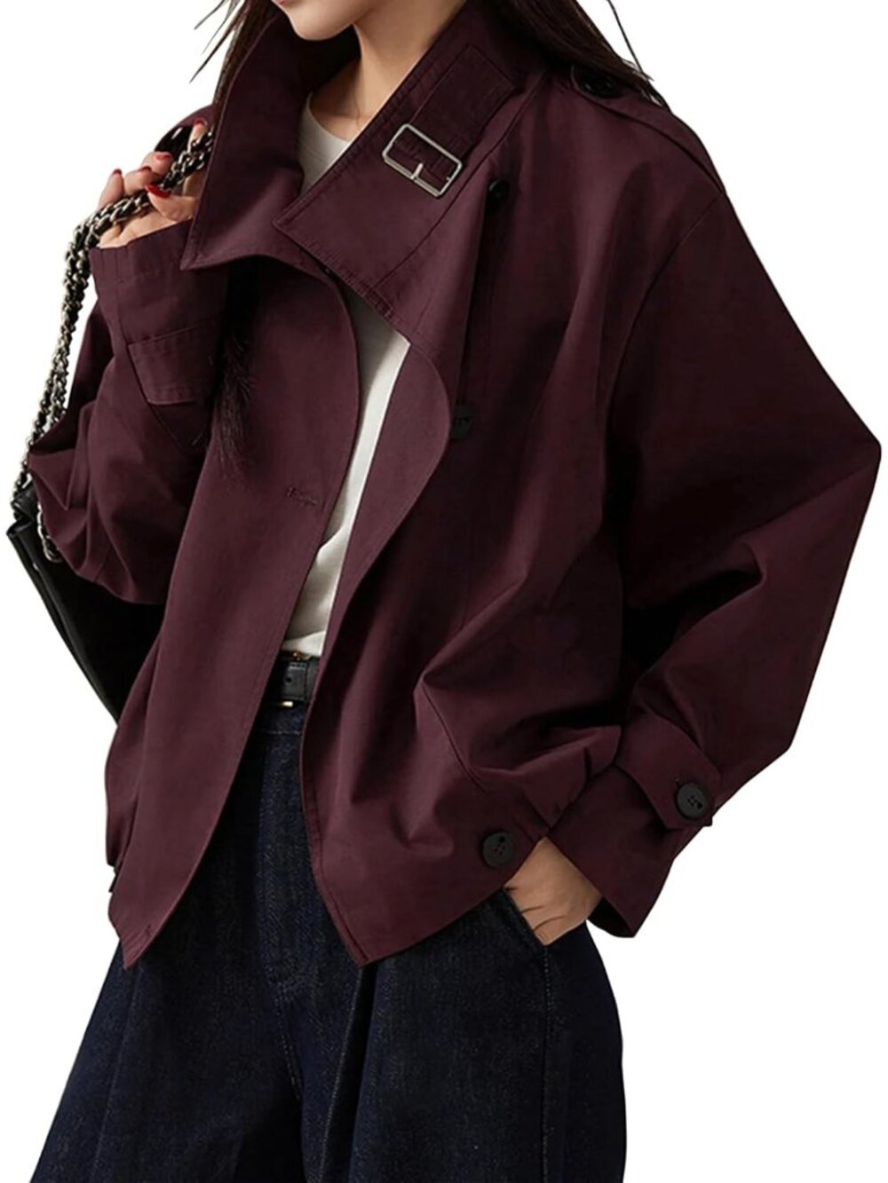 Women’s Dark Red Funnel Neck Vintage Cropped Jacket Elastic Hem Trench Coat